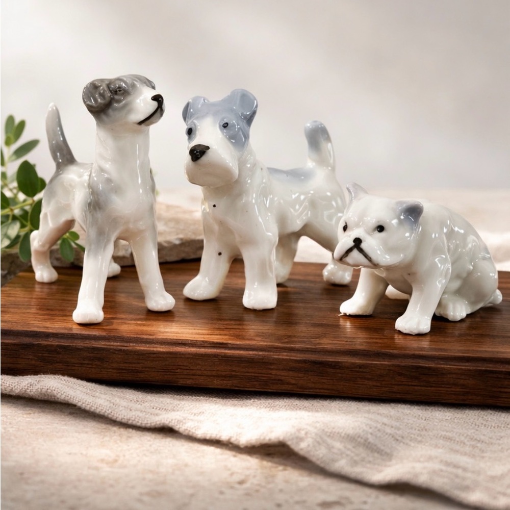 Minature Porcelain Dog Figurine Set - White and Gray